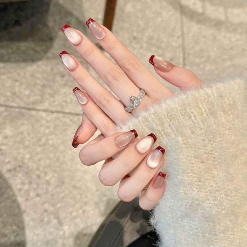 "Premium coffin short press-on nails for classic style - French-inspired burgundy tips, versatile elegance, perfect for any occasion"