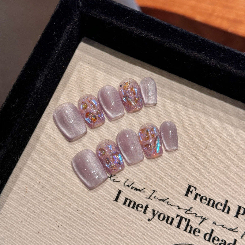 Premium coffin short press-on nails for lavender lovers - holographic glitter finish, sheer purple beauty, perfect for spring celebrations