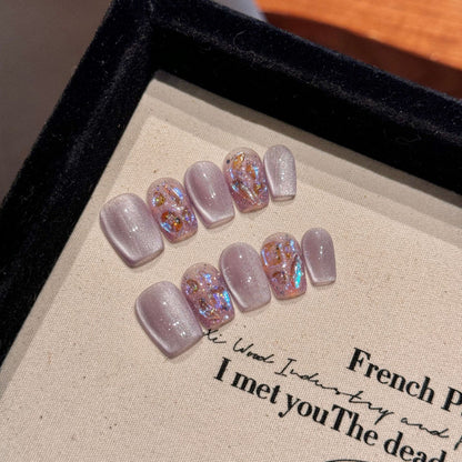 Premium coffin short press-on nails for lavender lovers - holographic glitter finish, sheer purple beauty, perfect for spring celebrations