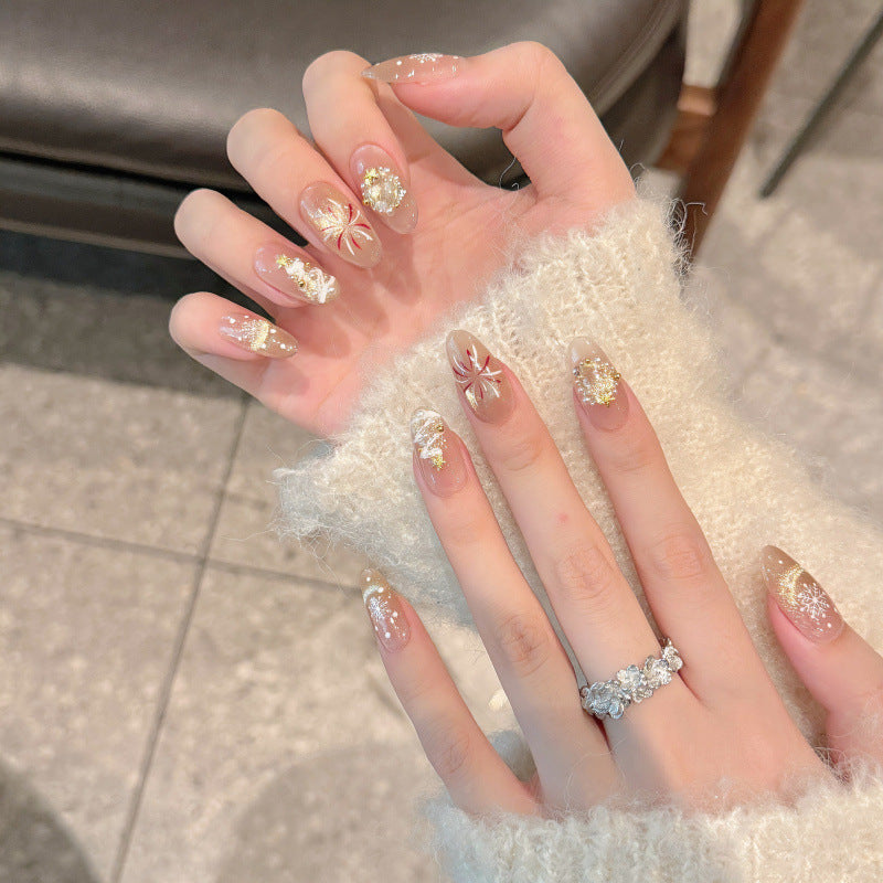 Premium coffin short press-on nails for romantic style - 3D gold flowers, crystal accents, pink glitter, perfect for spring & summer occasions