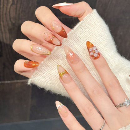 Premium coral almond nails with 3D blossom, starburst art & shimmer - Reusable, damage-free luxury - Professional results
