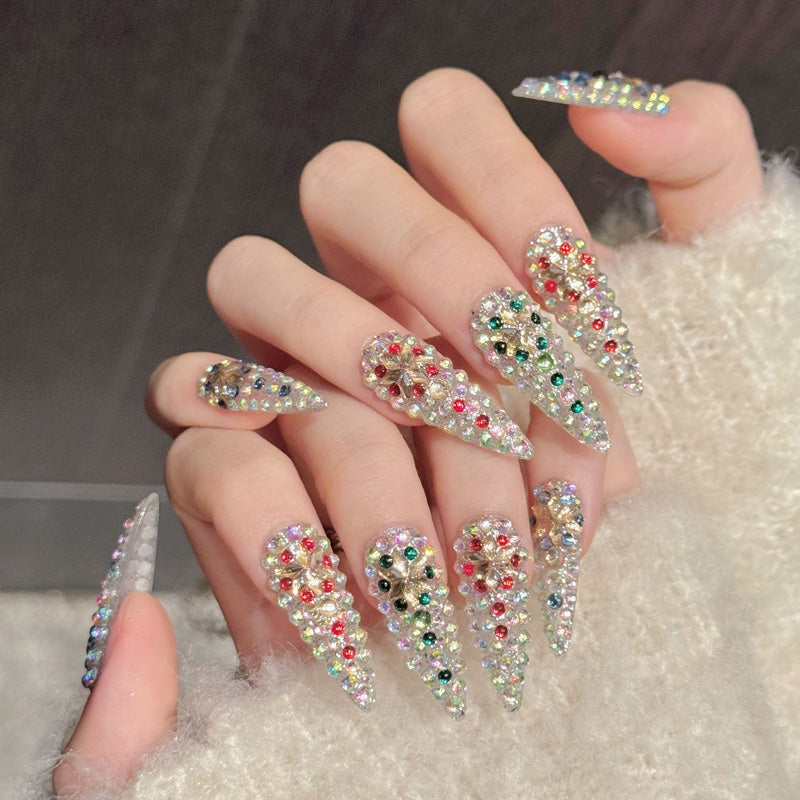 Premium crystal stiletto nails with AB rhinestones, red/green/multicolor flowers & gems - Reusable, damage-free bling - Red-carpet ready