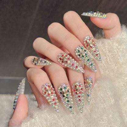Premium crystal stiletto nails with AB rhinestones, red/green/multicolor flowers & gems - Reusable, damage-free bling - Red-carpet ready