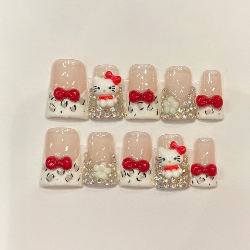Premium duck nails for kawaii fun - 3D kitty character, glossy red bows, sparkling silver glitter, leopard spots, perfect for cute celebrations