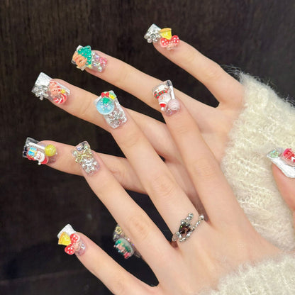 Premium duck press-on nails for Christmas cheer - playful 3D characters, snow globe designs, golden bells, perfect for festive celebrations & parties
