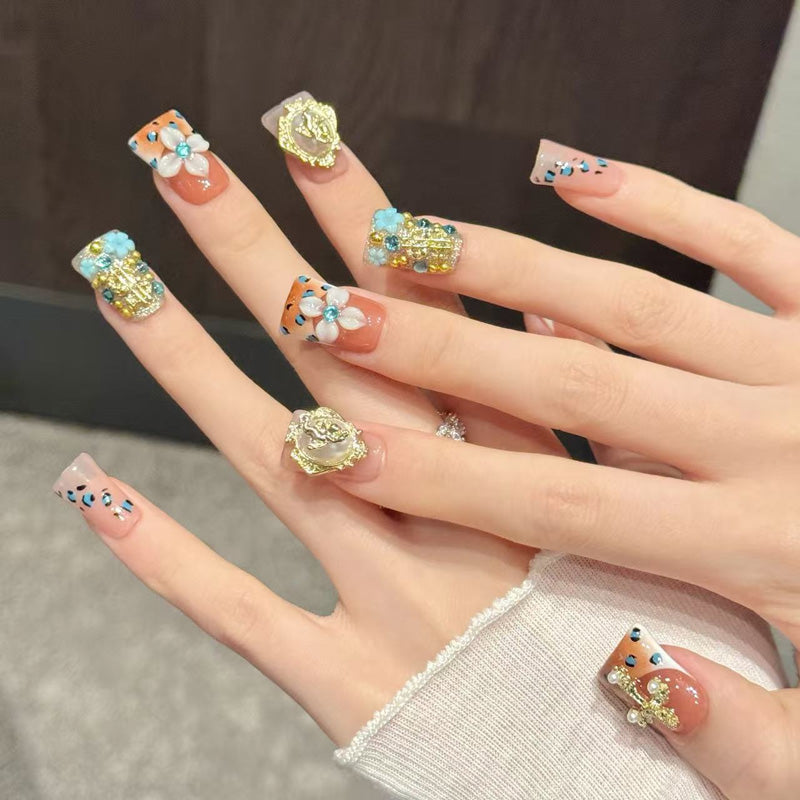 Premium duck press-on nails for luxury elegance - 3D gold cross, baroque frame, pearl embellishments, leopard print, perfect for vintage celebrations