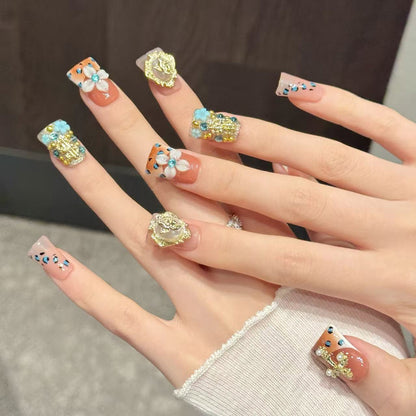 Premium duck press-on nails for luxury elegance - 3D gold cross, baroque frame, pearl embellishments, leopard print, perfect for vintage celebrations