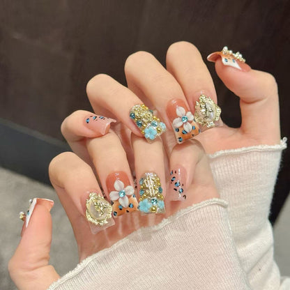 Premium duck press-on nails for statement elegance - gold cross embellishments, baroque frame, pearl flowers, perfect for luxury fashion events