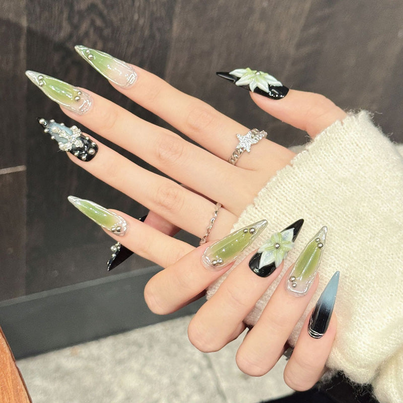 Premium gothic stiletto nails with green-blue ombre & rhinestones - Damage-free, reusable luxury - Professional results