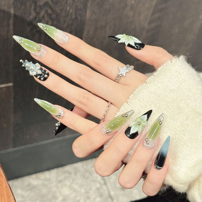 Premium gothic stiletto nails with green-blue ombre & rhinestones - Damage-free, reusable luxury - Professional results