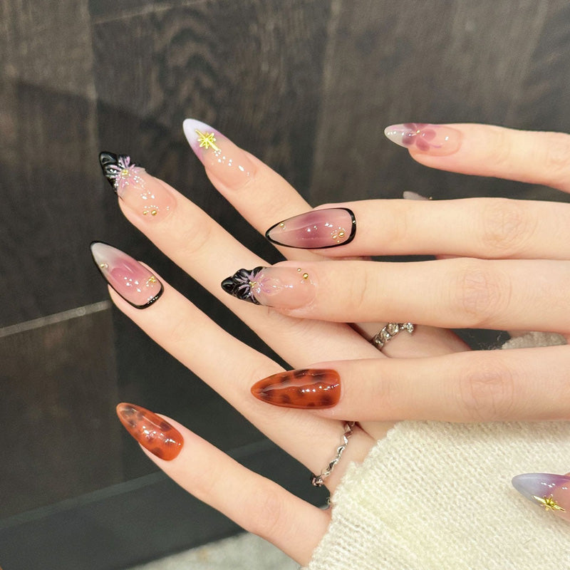 Premium gradient almond nails with 3D floral petals, celestial gold charms & tortoiseshell - Damage-free, reusable luxury - Mystical romance
