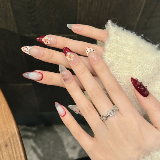 Premium handmade almond press-on nails with French tips & romantic red hearts. Easy 15-min application, salon results