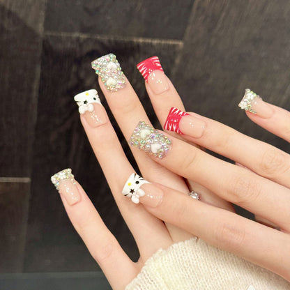 Premium holiday duck nails with 3D Hello Kitty, red patterns & silver glitter - Damage-free, reusable festive fun - Kawaii Christmas joy