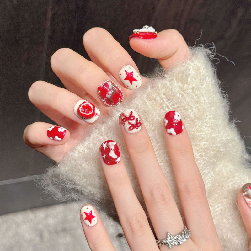 Premium holiday squoval nails with 3D bows, red gemstone & rhinestone chains - Damage-free, reusable luxury - Timeless festive charm