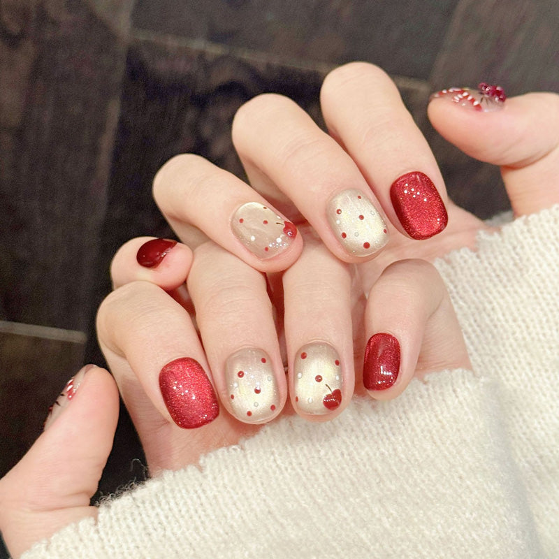 Premium holiday squoval nails with Hello Kitty character, festive glitter & polka dots - Reusable, damage-free - Seasonal cuteness