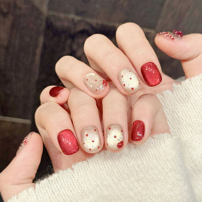 Premium holiday squoval nails with Hello Kitty character, festive glitter & polka dots - Reusable, damage-free - Seasonal cuteness