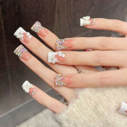 Premium kawaii duck nails with 3D bows, iridescent rhinestones & peach tones - Damage-free, reusable luxury - Bridal-ready beauty