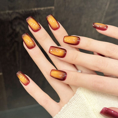 Premium ombre coffin nails in autumn sunset hues - Reusable luxury, long-lasting wear - Professional results, no salon