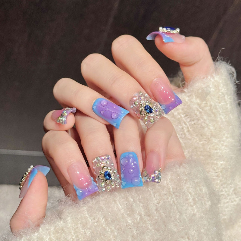 Premium ombre duck nails with royal blue cabochons, gold & pearl frames - Damage-free, reusable luxury - Crown-worthy beauty