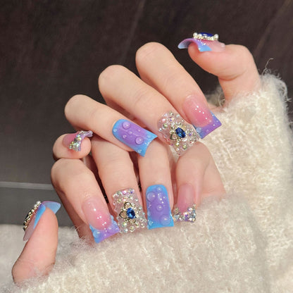 Premium ombre duck nails with royal blue cabochons, gold & pearl frames - Damage-free, reusable luxury - Crown-worthy beauty
