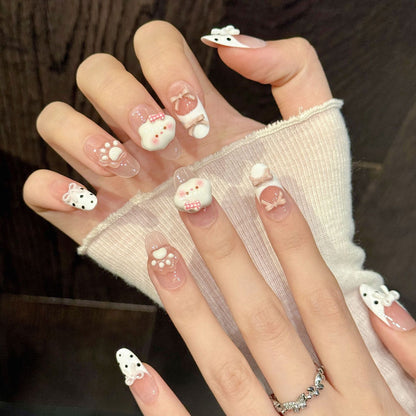 Premium oval nails for kawaii charm - 3D cow with spots, sweet bear, elegant bows, sparkling pearls, pink gradient, perfect for cute celebrations