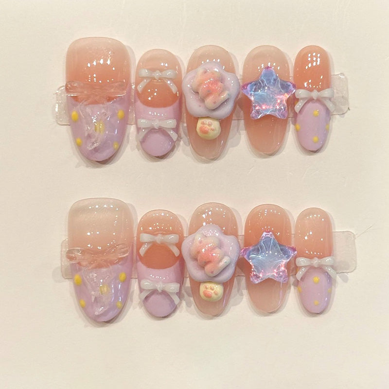 Premium oval nails for kawaii charm - 3D purple flower, sparkling holographic star, heart accents, polka dots, soft pastel gradient, perfect for sweet celebrations