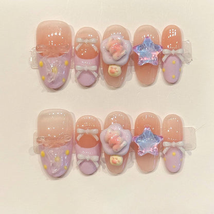 Premium oval nails for kawaii charm - 3D purple flower, sparkling holographic star, heart accents, polka dots, soft pastel gradient, perfect for sweet celebrations