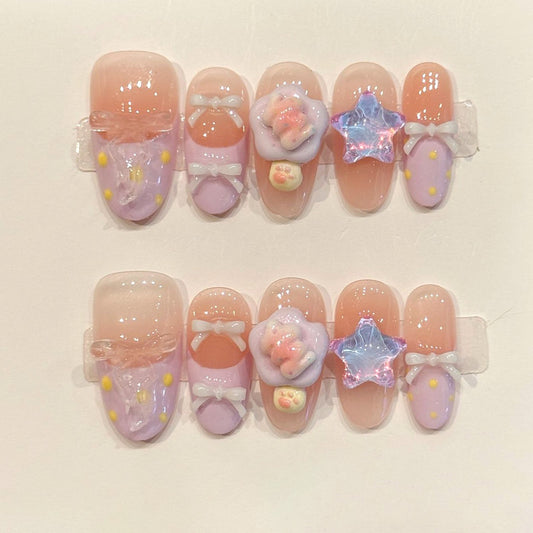 Premium oval nails for kawaii charm - 3D purple flower, sparkling holographic star, heart accents, polka dots, soft pastel gradient, perfect for sweet celebrations