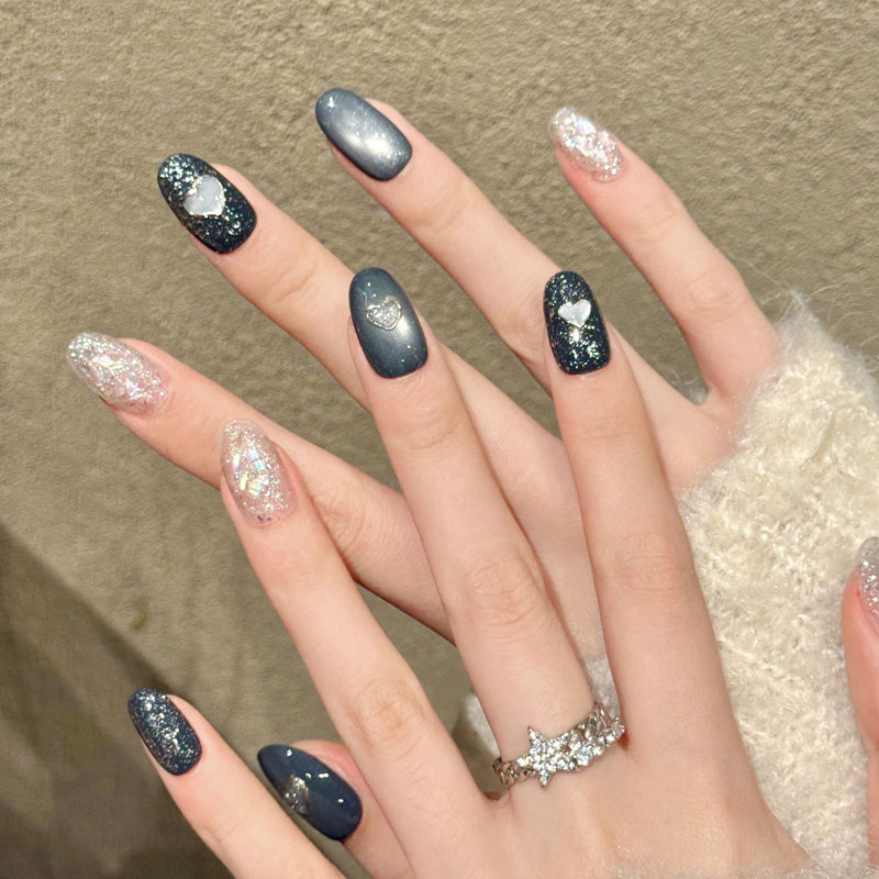 Premium oval nails for romantic charm - elegant silver hearts, sparkling galaxy glitter, mystical gradient, perfect for celestial celebrations