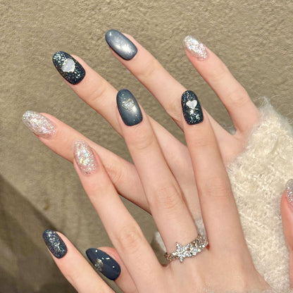 Premium oval nails for romantic charm - elegant silver hearts, sparkling galaxy glitter, mystical gradient, perfect for celestial celebrations