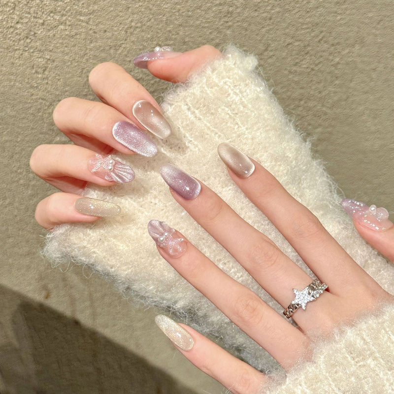 Premium oval nails for romantic charm - iridescent pearl effect, floral lace patterns, holographic glitter, perfect for weddings & bridal celebrations