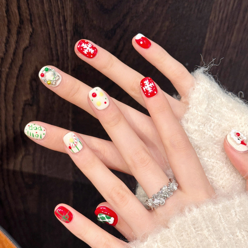 Premium oval press-on nails for holiday warmth - 3D Santa face, festive snowflakes, colorful ornaments, perfect for cozy Christmas gatherings