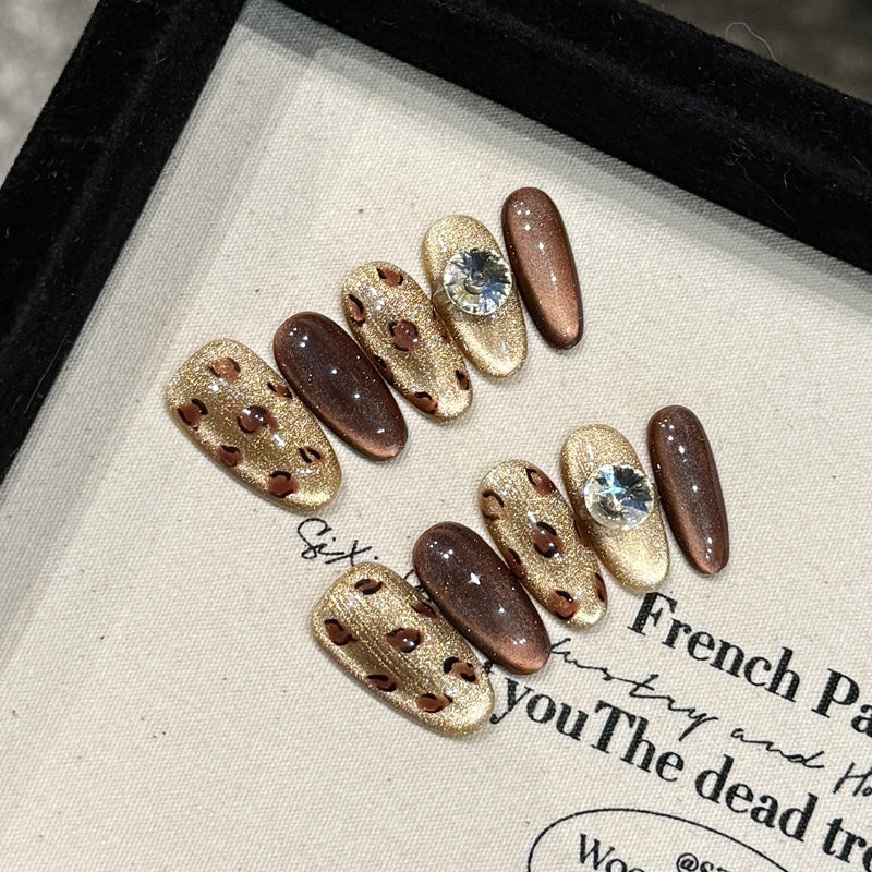 Premium oval short press-on nails for autumn romance - rich chocolate & cream palette, crystal accents, perfect for seasonal celebrations
