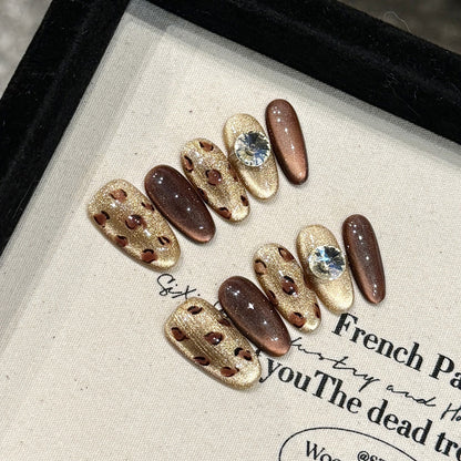 Premium oval short press-on nails for autumn romance - rich chocolate & cream palette, crystal accents, perfect for seasonal celebrations