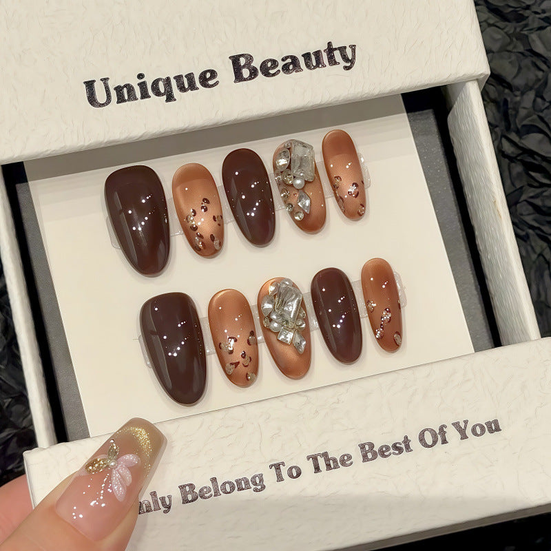 Premium oval short press-on nails for chocolate lovers - sophisticated brown & caramel colors, crystal accents, perfect for fall celebrations