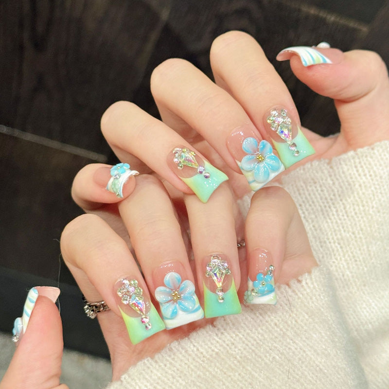 Premium pastel rainbow duck nails with 3D flowers, crystal chains & jelly finish - Reusable, damage-free luxury - Ethereal beauty