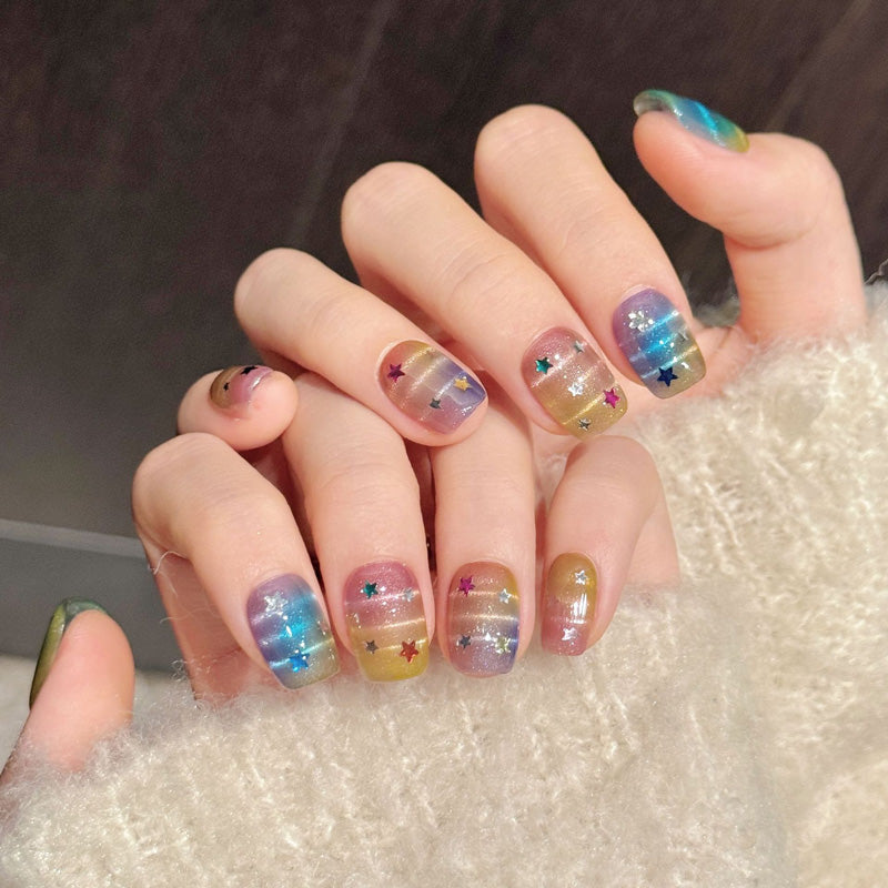 Premium rainbow squoval nails with ombre gradient, holographic stars & translucent jelly - Reusable, damage-free magic - Unicorn vibes