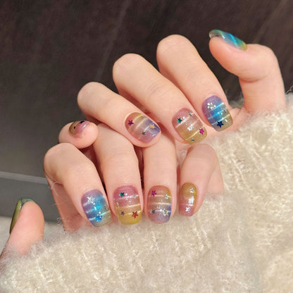 Premium rainbow squoval nails with ombre gradient, holographic stars & translucent jelly - Reusable, damage-free magic - Unicorn vibes