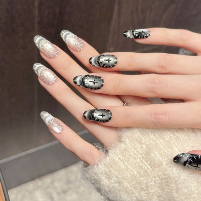 Premium religious oval nails with divine radiance gradient & crosses - Damage-free, reusable faith - White-silver & black-silver options
