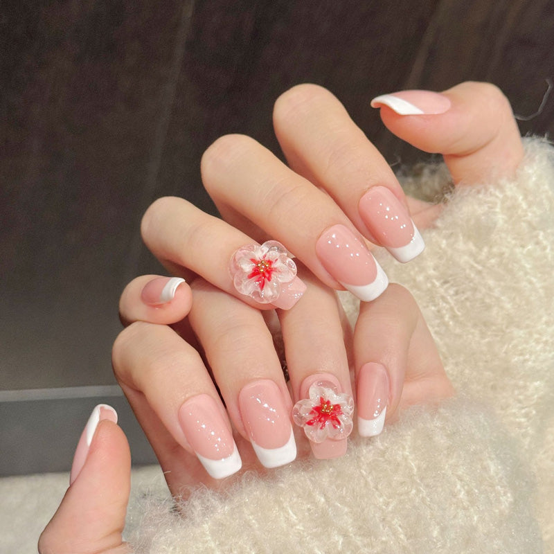 Premium spring coffin nails with 3D translucent sakura, French tips & pink base - Damage-free, reusable luxury - Bridal-ready charm