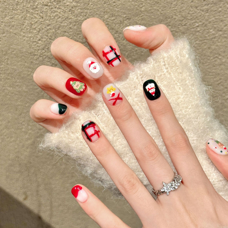 Premium squoval nails for Christmas joy - 3D Santa Claus, brown bear, yellow snowman, festive gift box, red bow, polka dots, perfect for holiday celebrations
