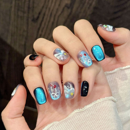 Premium squoval nails for elegant charm - metallic blue shimmer, 3D white flowers, sweet bow, jelly base, pastel accents, perfect for dreamy celebrations