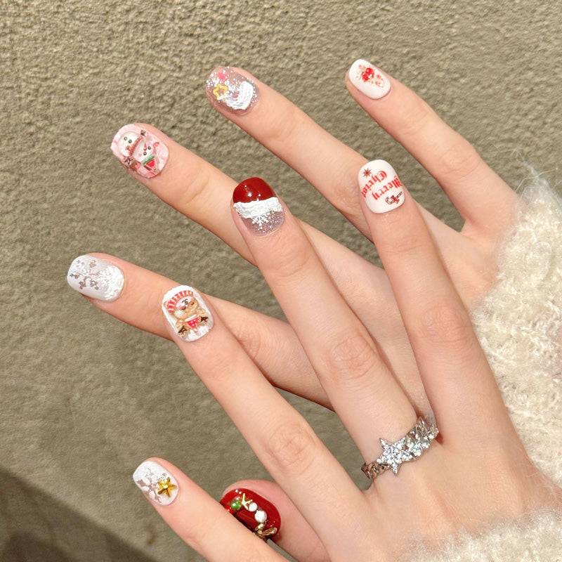 Premium squoval short nails for Christmas joy - 3D tree with star, adorable snowman, reindeer charm, silver glitter, perfect for holiday parties