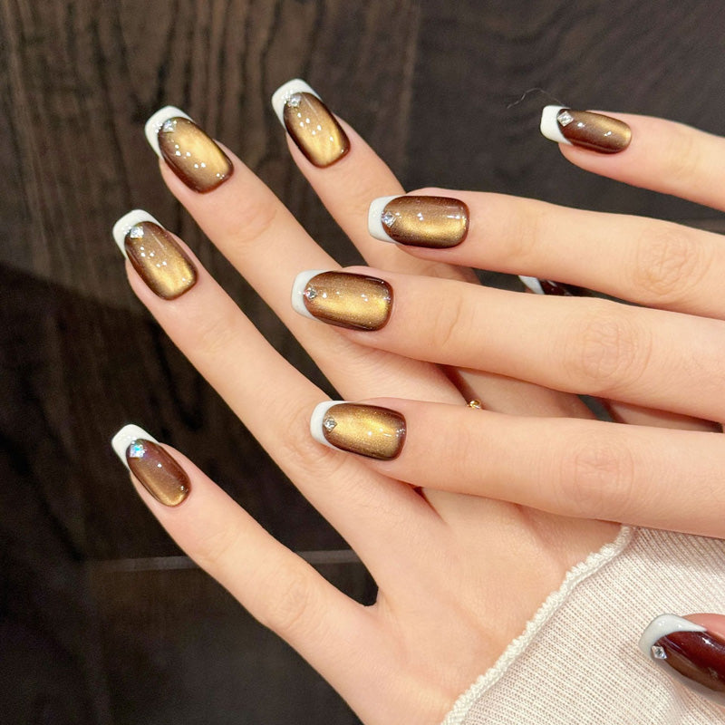 Premium squoval short nails for elegant charm - luxurious brown-to-nude ombre, crystal rhinestones, classic French tips, perfect for autumn celebrations