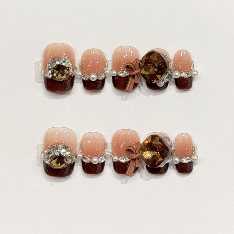 Premium squoval short nails for elegant charm - luxurious brown French, crystal rhinestones, elegant bow, pearl details, perfect for autumn celebrations
