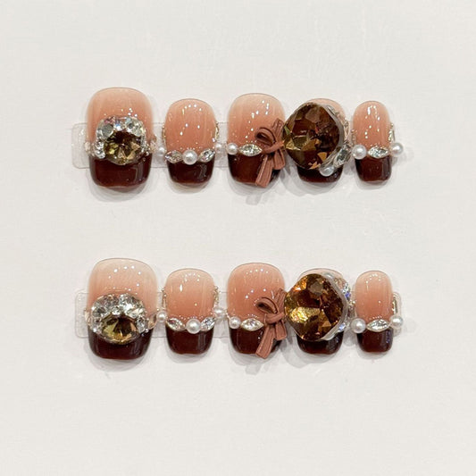 Premium squoval short nails for elegant charm - luxurious brown French, crystal rhinestones, elegant bow, pearl details, perfect for autumn celebrations
