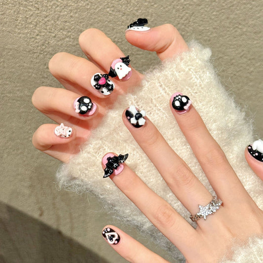 Premium squoval short nails for kawaii charm - adorable 3D ghost, skull with bow, black bat, pink heart, polka dots, perfect for Halloween celebrations