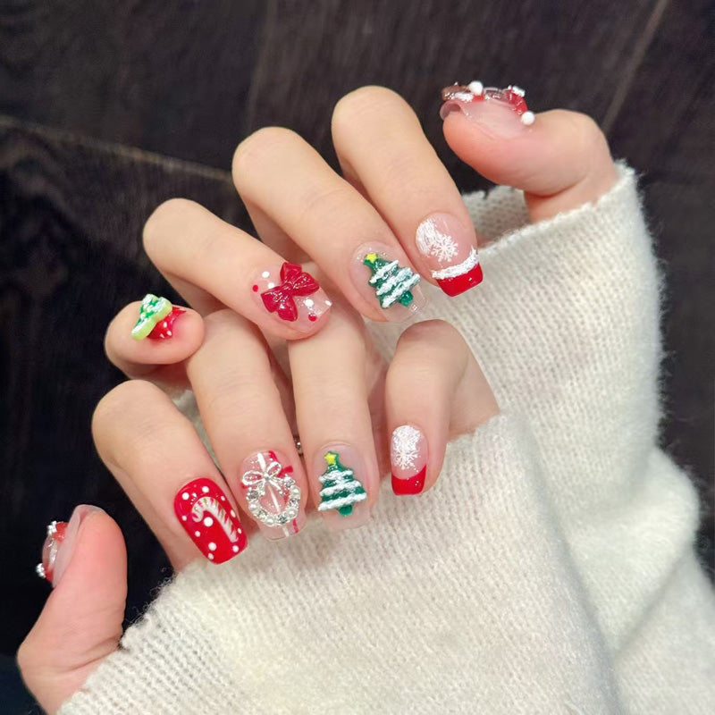 Premium squoval short press-on nails for Christmas cheer - 3D kitty character, snowflakes, candy cane, velvet bow, perfect for kawaii holiday parties