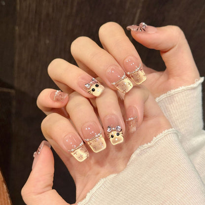 Premium squoval short press-on nails for cute elegance - adorable bunnies, silver bow accents, delicate crosses, perfect for kawaii fashion lovers