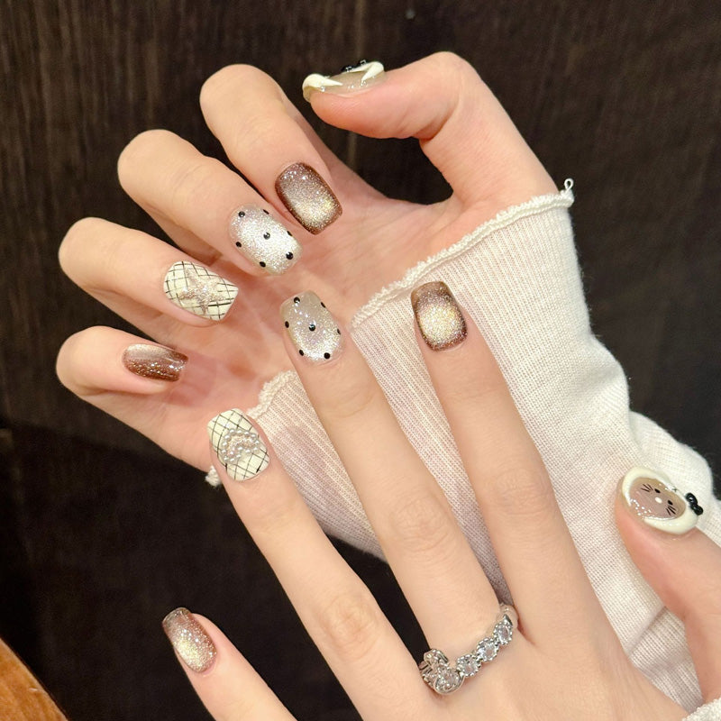 Premium squoval short press-on nails for elegant charm - 3D polka dot bow, rose gold glitter, vintage patterns, perfect for everyday chic style